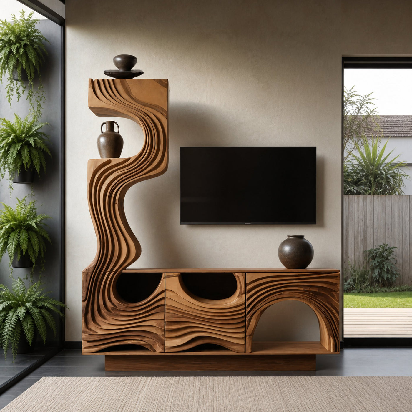 Wavy Sculptural TV Console Media Cabinet For Living Room And Lounge
