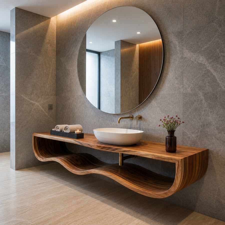Wood Bathroom Vanity With Floating Wave Shelf For Modern Bath