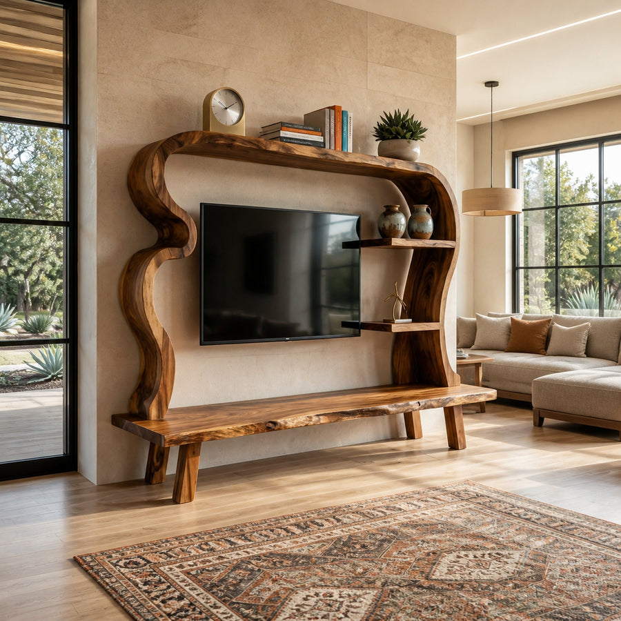 Wood TV Stand With Undulating Frame For Living Room Decor