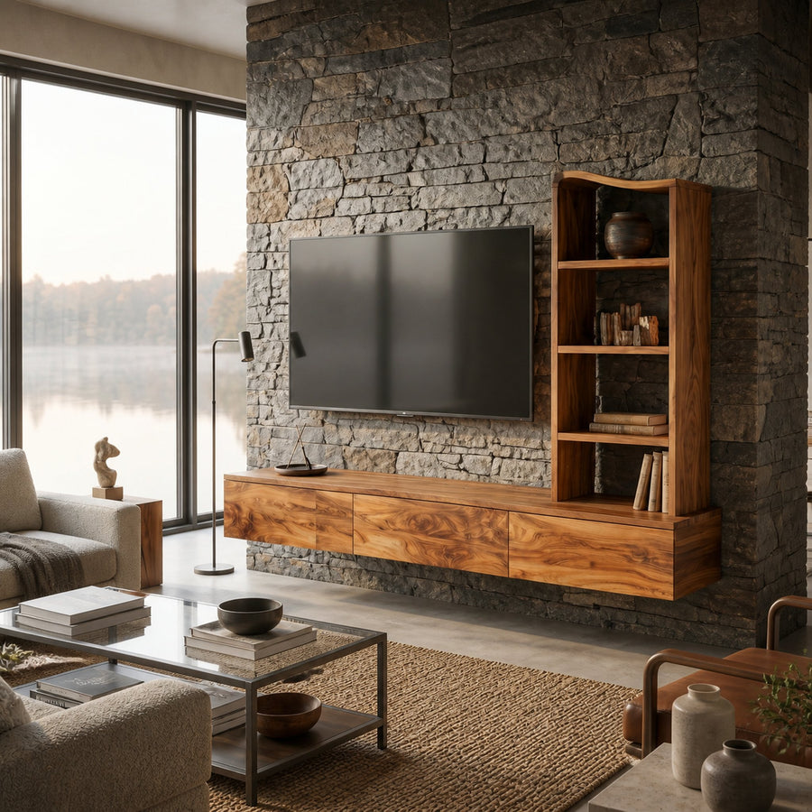 Wood Wall Mounted TV Console With Side Storage For Living