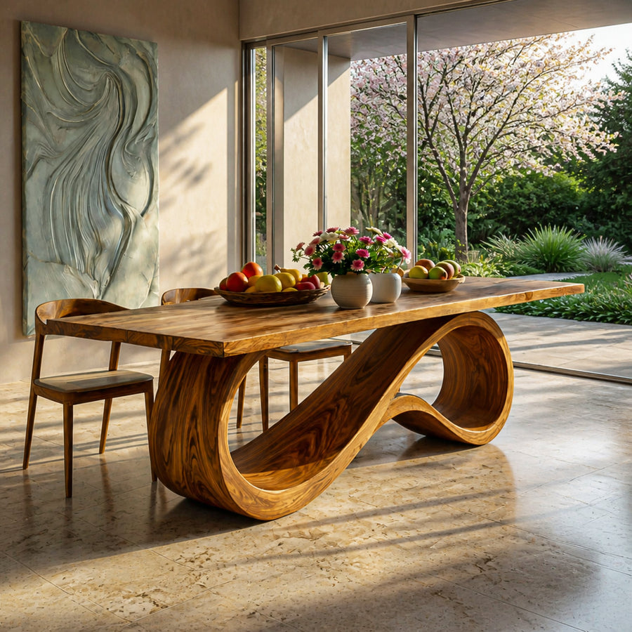 Wooden Dining Table With Flowing Base For Kitchen