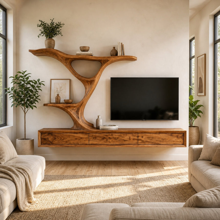 Wooden Floating TV Stand With Side Branch-shaped Storage For Living