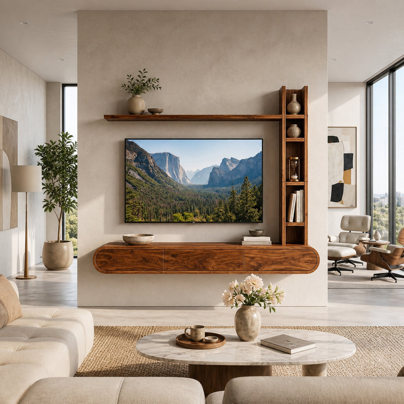 Wooden Floating TV Stand With Tall Open Shelf For Living