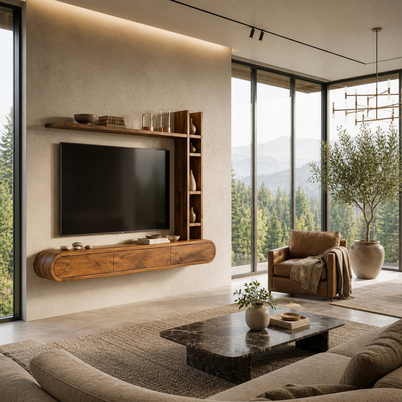 Wooden Floating TV Stand With Tall Open Shelf For Living - product view 2