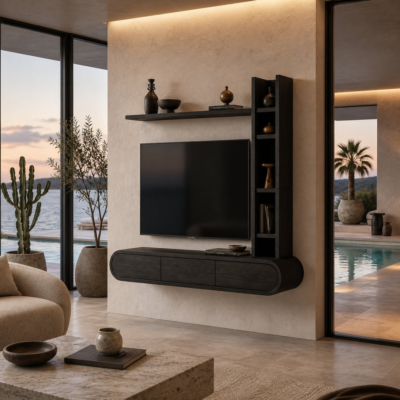 Wooden Floating TV Stand With Tall Open Shelf For Living - product view 4