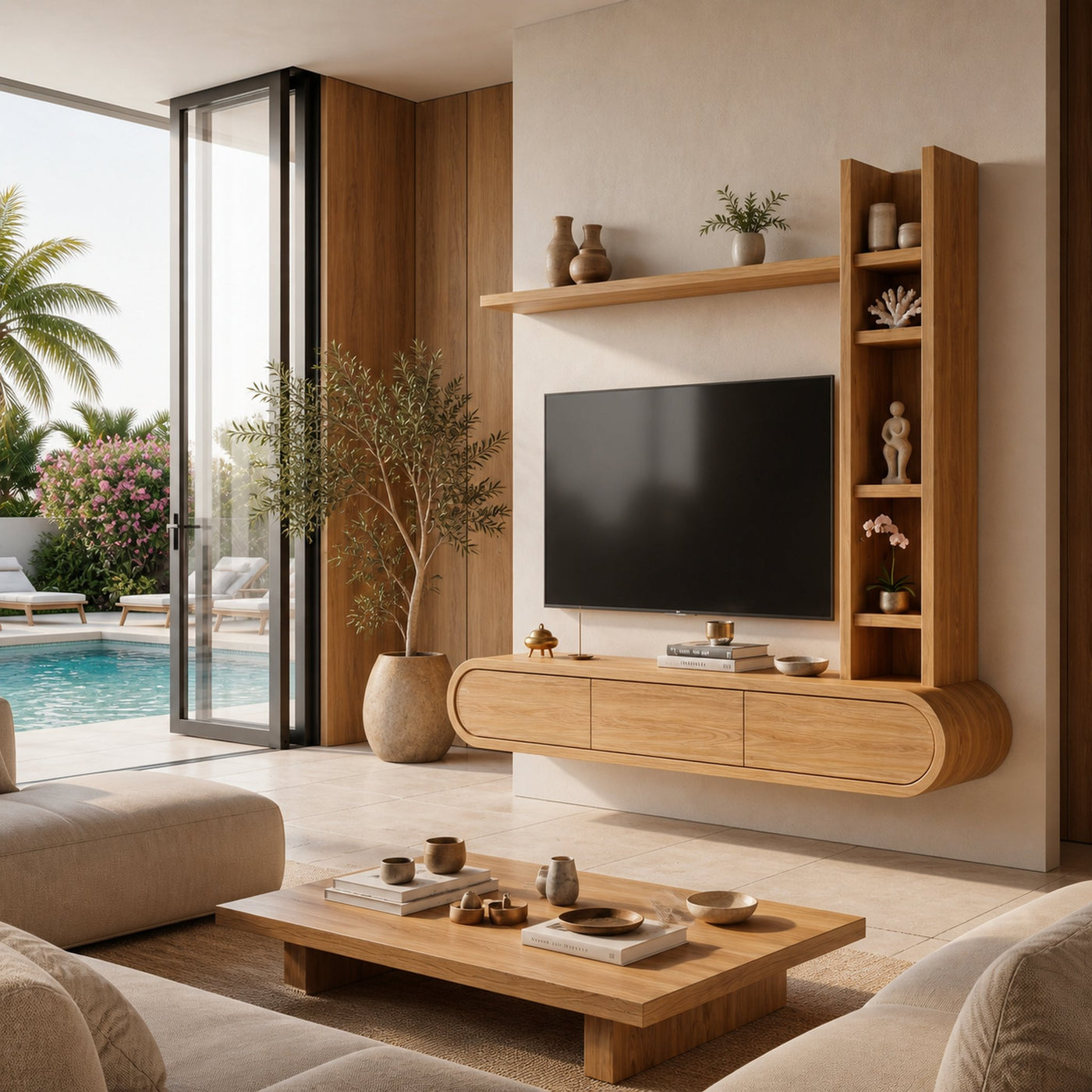 Wooden Floating TV Stand With Tall Open Shelf For Living - product view 5