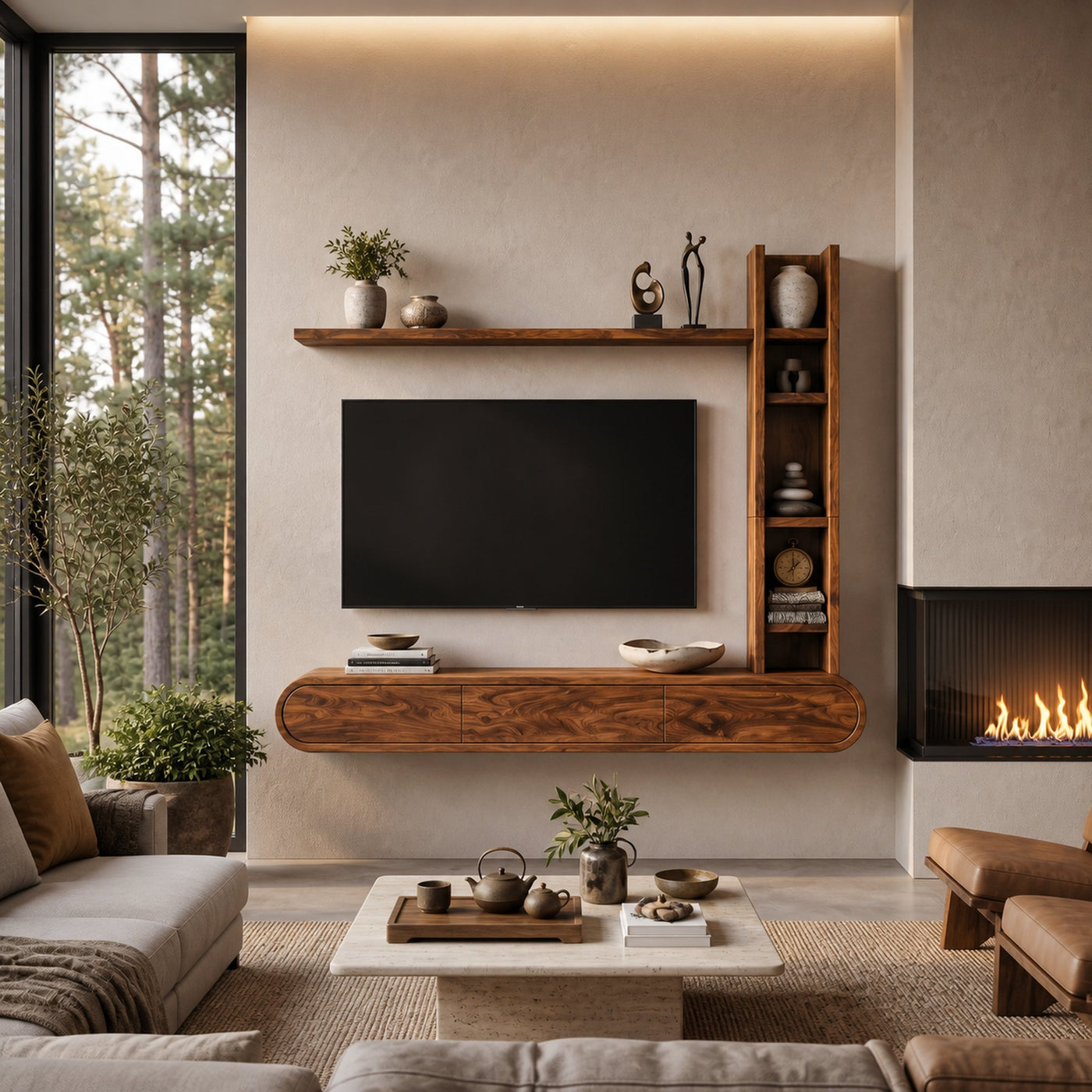 Wooden Floating TV Stand With Tall Open Shelf For Living - product view 6
