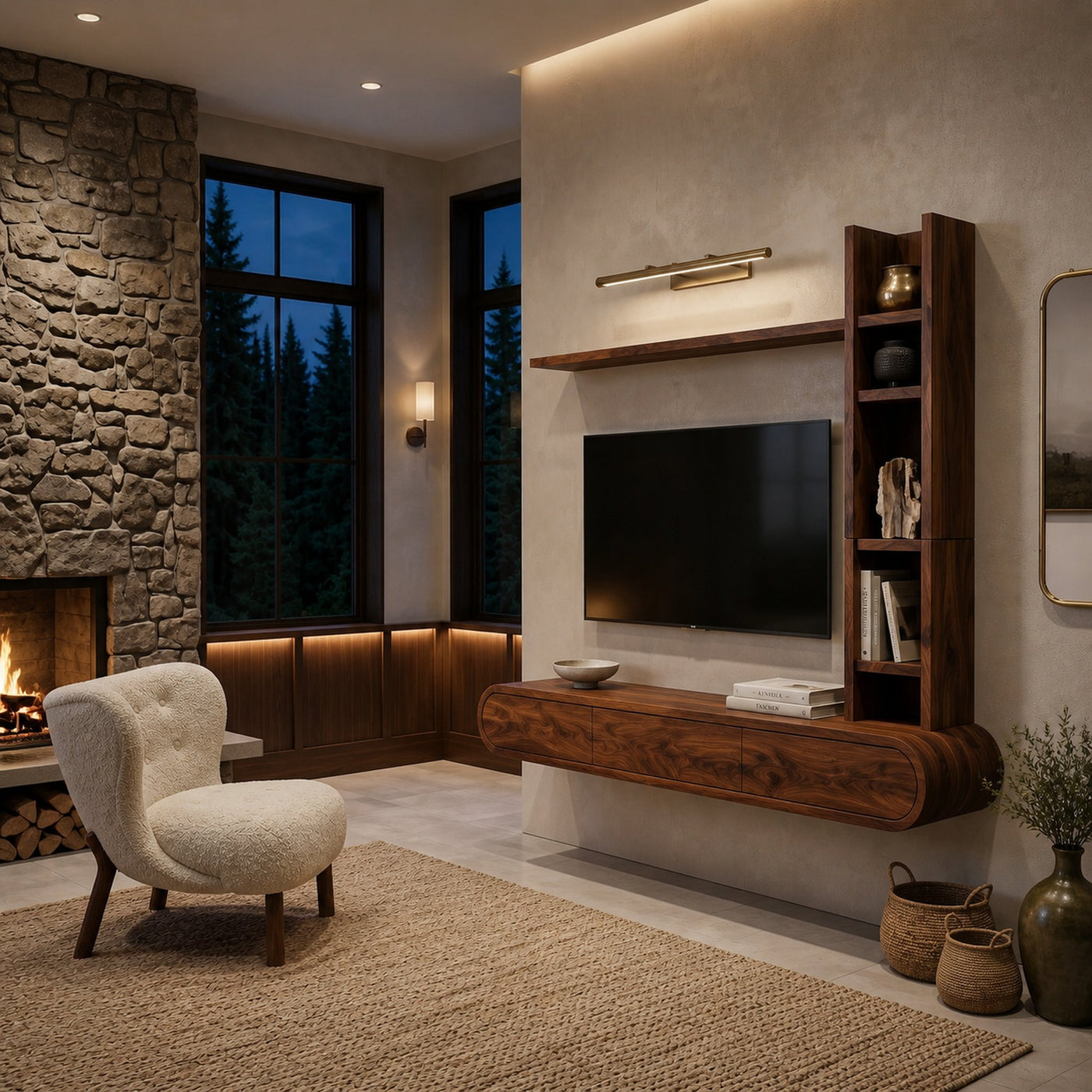 Wooden Floating TV Stand With Tall Open Shelf For Living - product view 7
