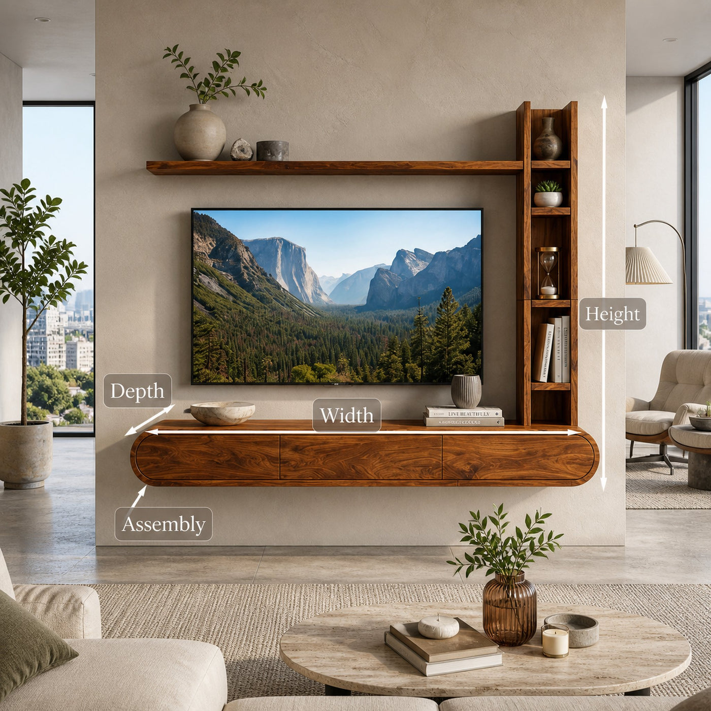 Wooden Floating TV Stand With Tall Open Shelf For Living - product view 8