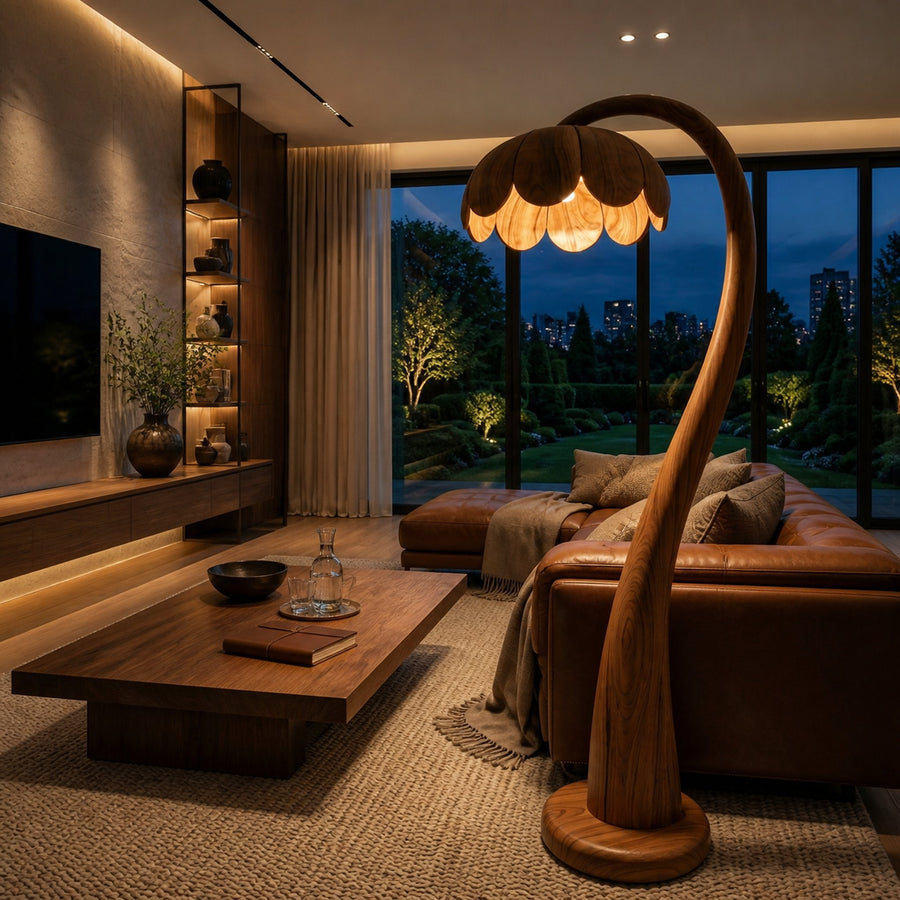 Wooden Floor Lamp With Flower-shaped Lampshade For Bedroom