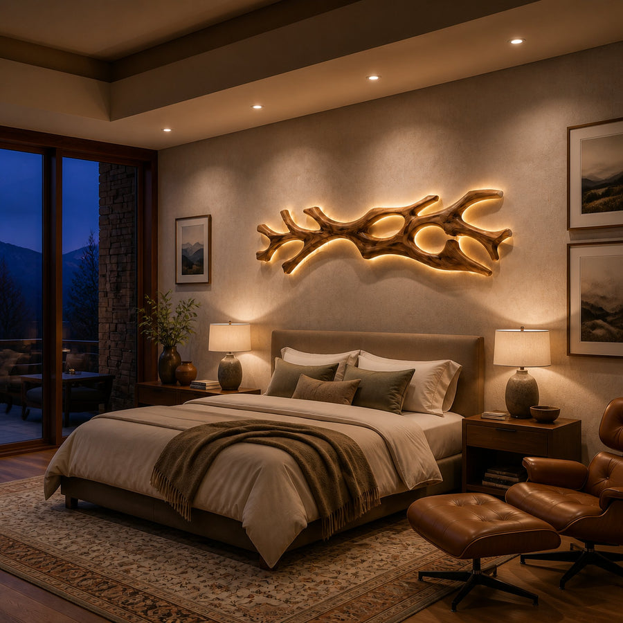 Wooden Lamp Flowing Organic Root Design For Above Bed Decor