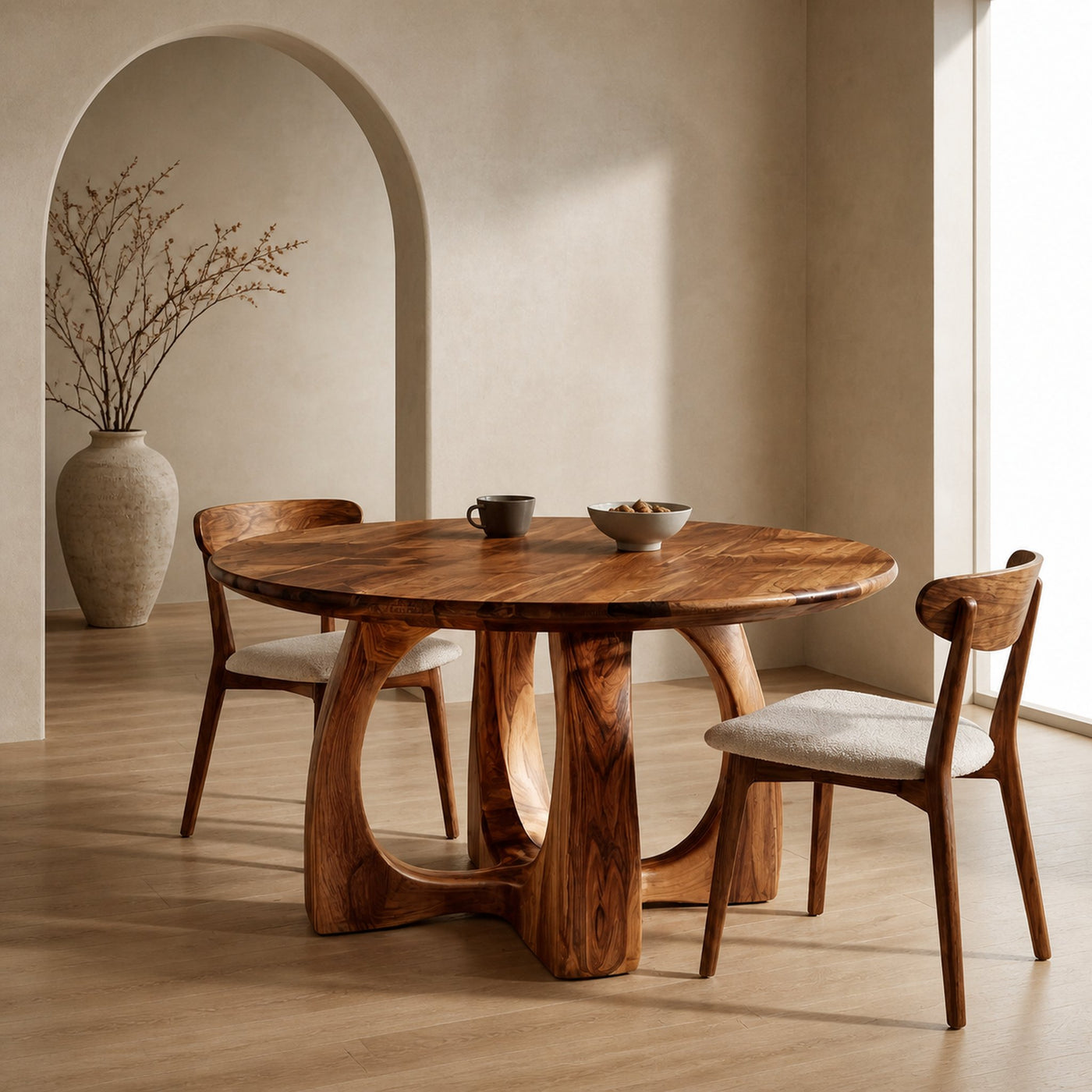 Wooden Round Dining Table With Artistic Base For Dining Room