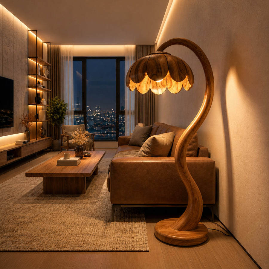 Wooden Sculptural Floor Lamp Flower Inspired For Home Decor