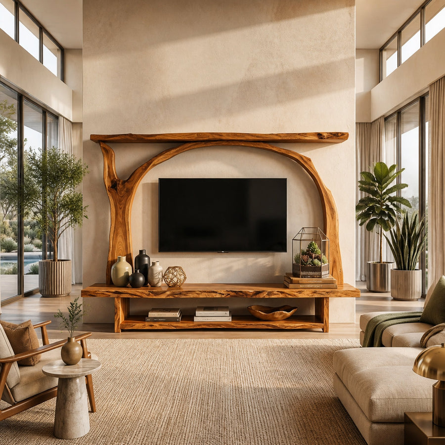 Wooden TV Cabinet With Sculptural Branch Frame For Modern Living