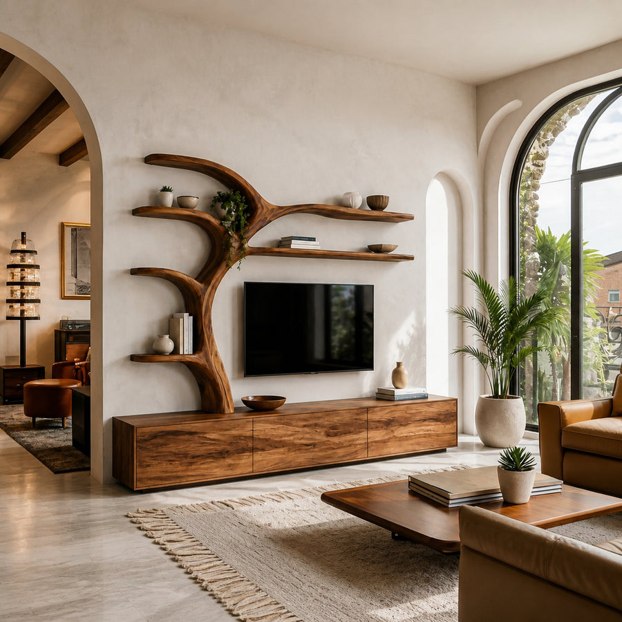 Wooden TV Stand With Branch Display Shelves For Living Room