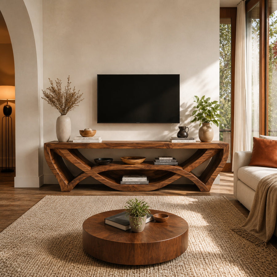 Wooden TV Stand With Carved Open Structure For Living Storage