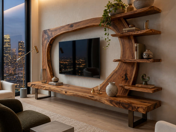 Wooden TV Stand With Frame Includes Display Shelves For Home