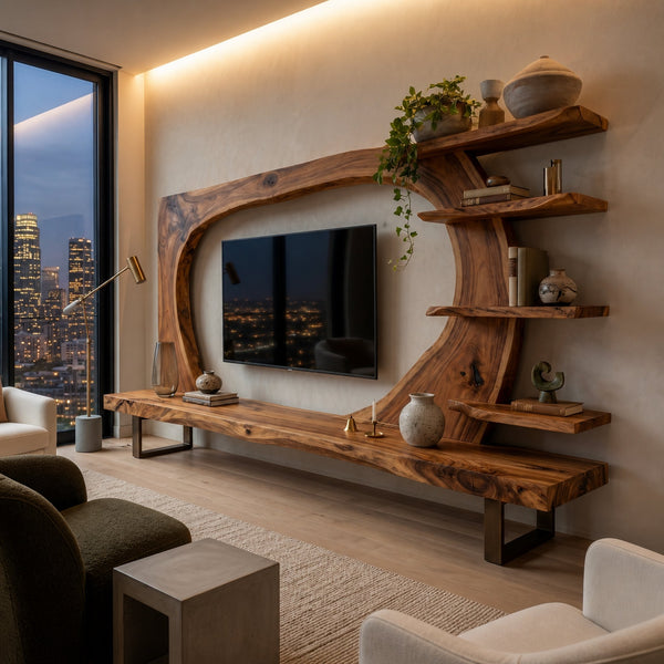 Wooden TV Stand With Frame Includes Display Shelves For Home