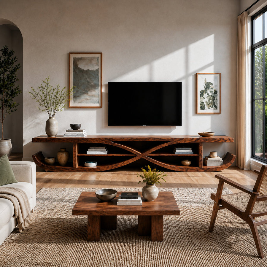 Wooden TV Stand X-shaped Frame Design For Living Room