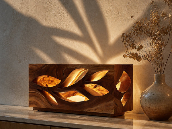Windhollow Wren Table Lamp with Leaf Cutouts (Wood Body Only)