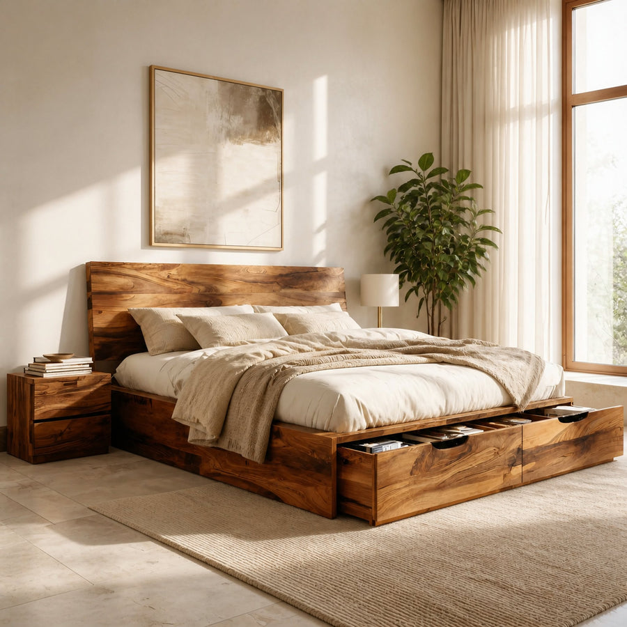 Contemporary Bed And Built-In Drawers For Bedroom