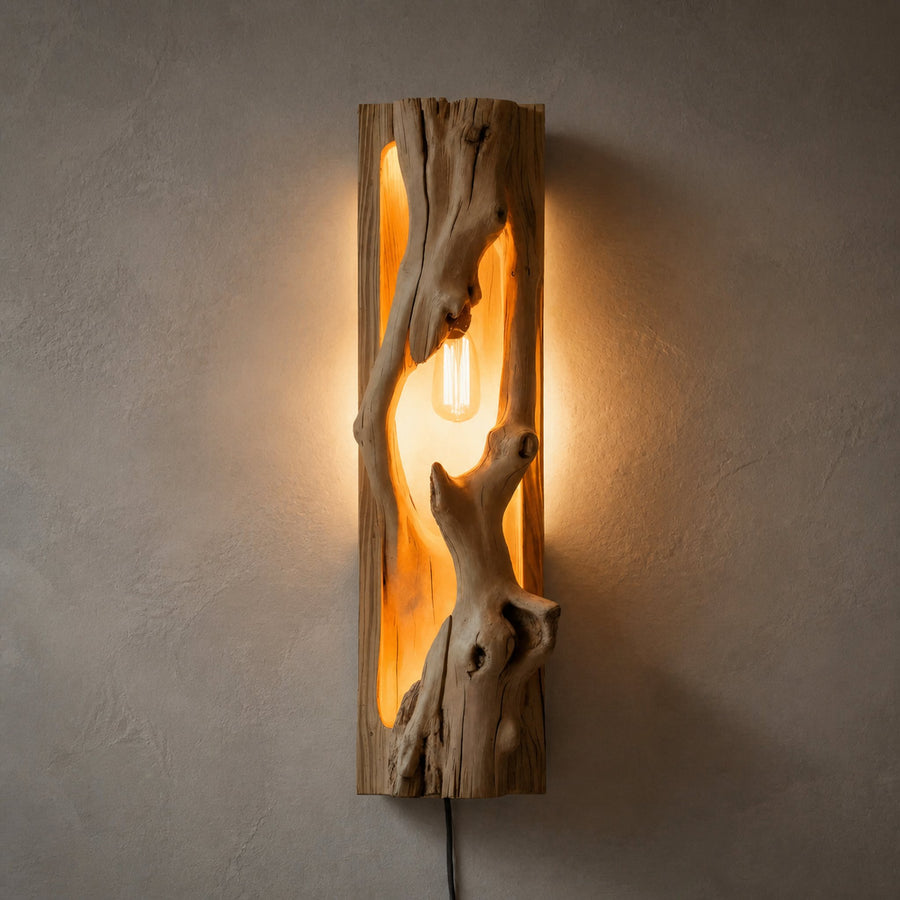 Minimalist Driftwood Wall Sconce With Ambient Glow For Rustic Decor