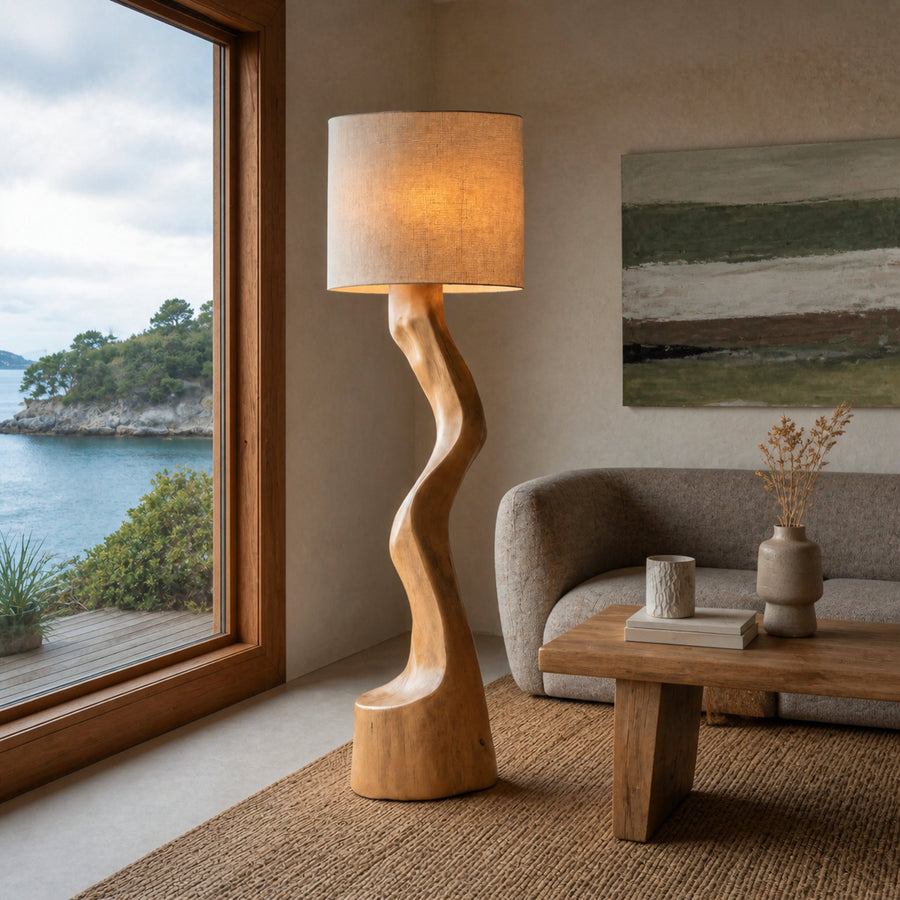 Rustic Sculptural Floor Lamp With Curved Base For Bedroom