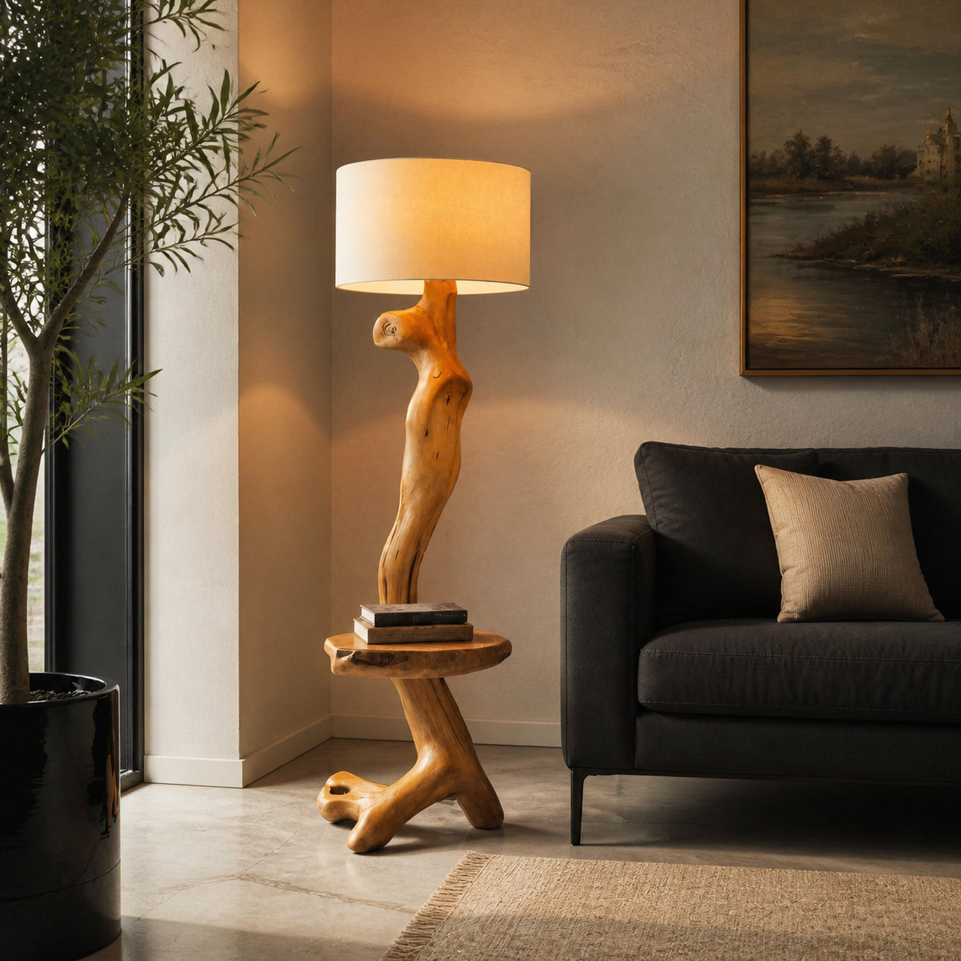 Rustic Sculptural Floor Lamp With Side Table For Bedroom